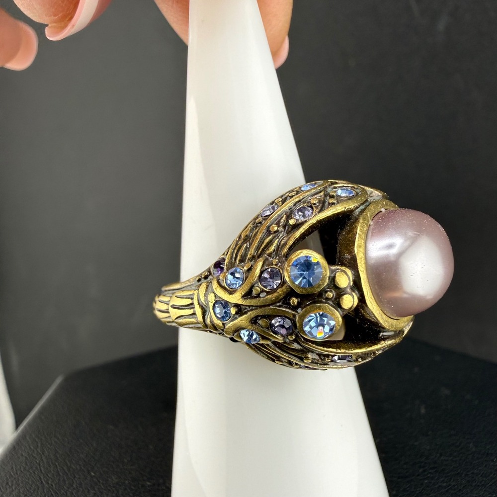 Heidi Daus Cocktail Ring Faux Pearl Blue Crystal Size 6.75
